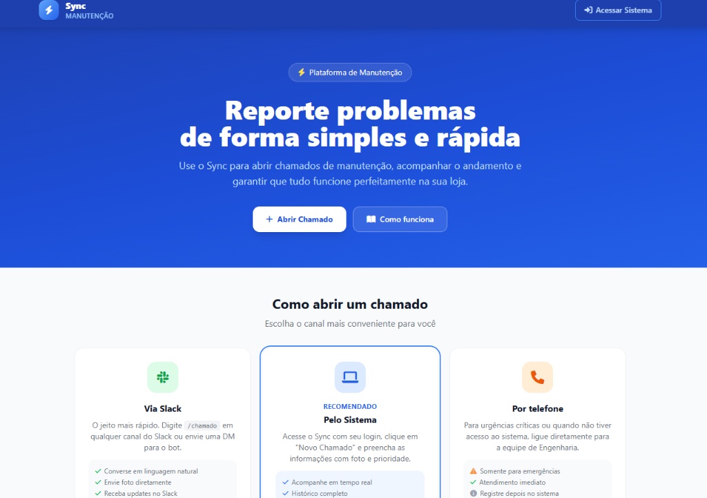 Portal público do FIXZ para abertura de chamados pela loja, via sistema, Slack ou telefone